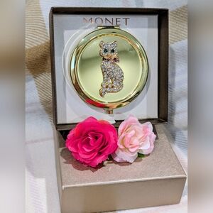 🆕 MONET Crystal Cat Embellished Gold Compact Mirror